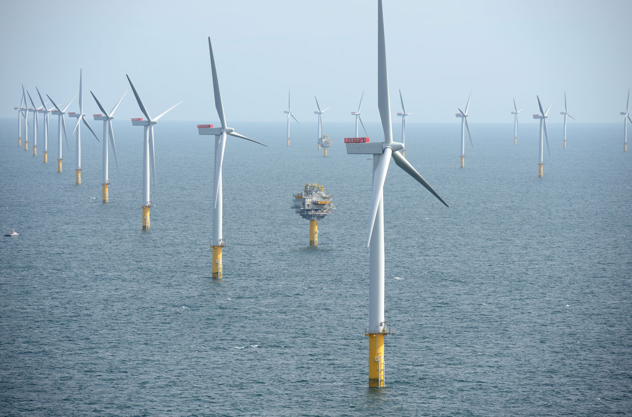 Ett antal havsbaserade vindkraftverk och en transformatorstation. 