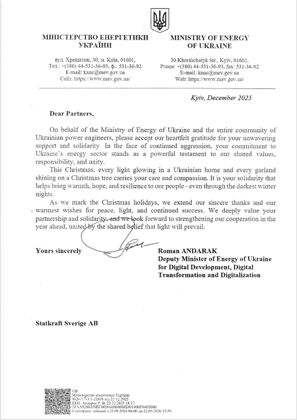 Tackbrev fr&aring;n Ukrainas energiminister